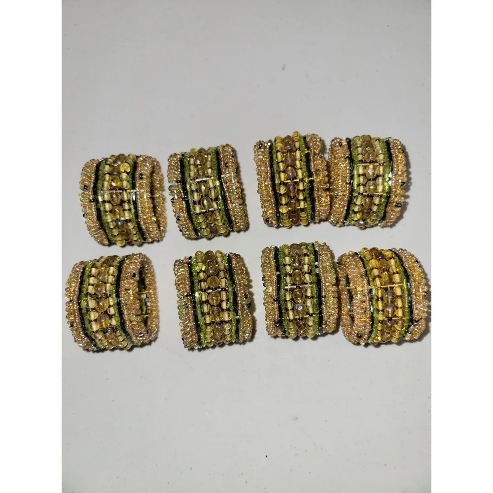Vintage Set of 8 Multicolored Beaded Napkin Rings/Holders Gold,‎ Black, Green